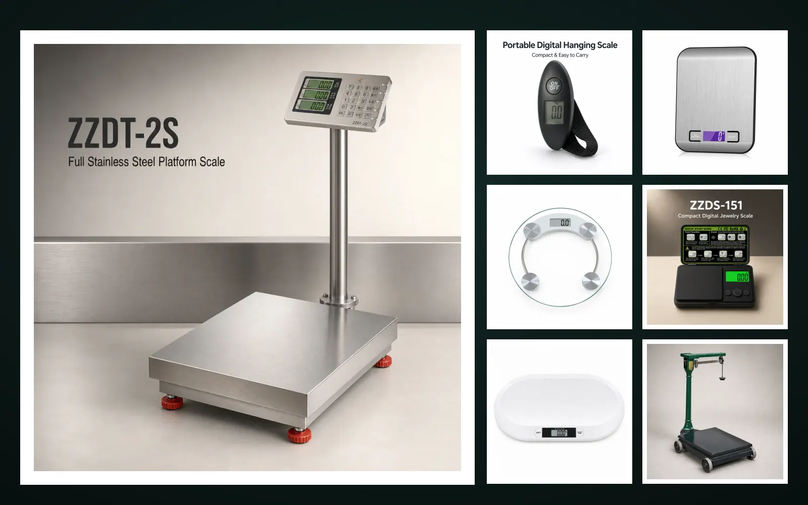 Zhezhong weighing scale range: a stainless steel platform scale alongside hanging scales, kitchen scales, glass bathroom scales, a jewelry scale, a baby scale and a mechanical floor scale.
